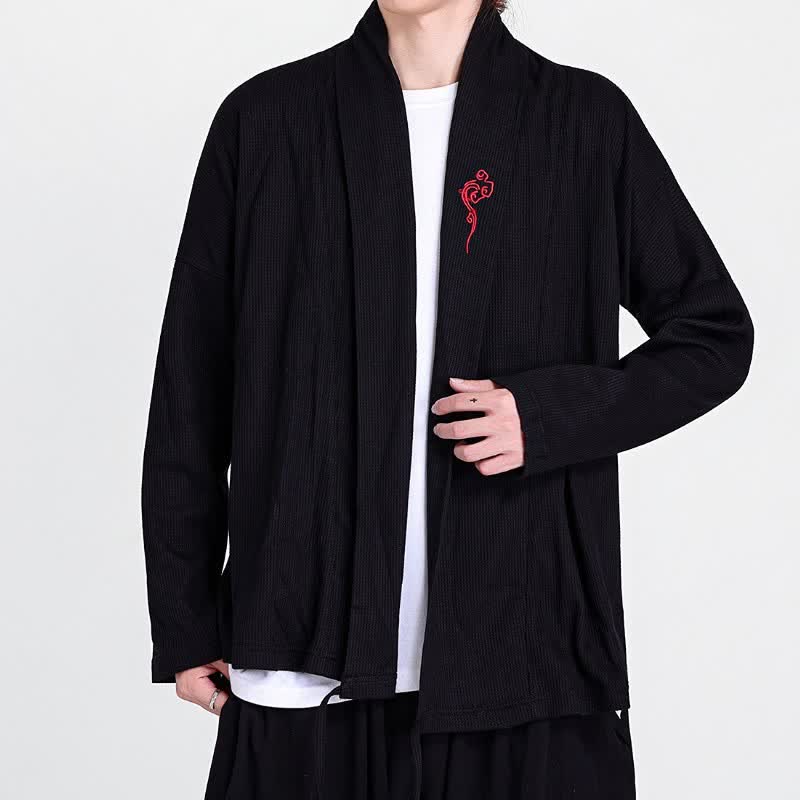 Buddha Stones Kimono da uomo casual autunno/inverno in stile Tang con ricami, tinta unita. - image 5