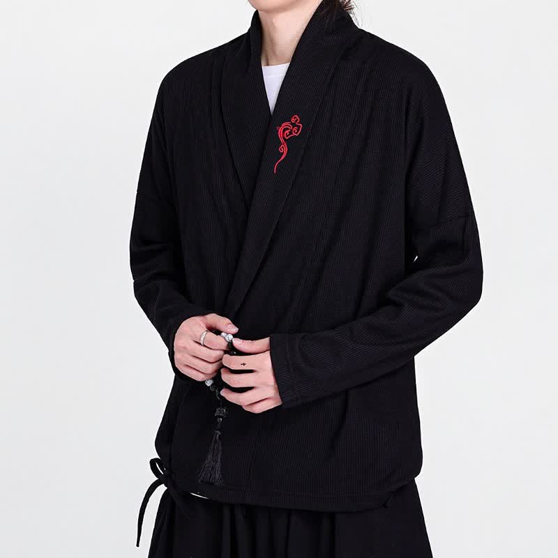 Buddha Stones Kimono da uomo casual autunno/inverno in stile Tang con ricami, tinta unita. - image 4