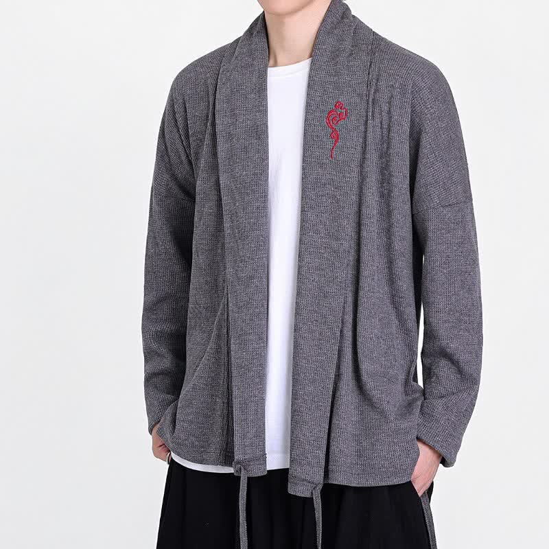Buddha Stones Kimono da uomo casual autunno/inverno in stile Tang con ricami, tinta unita. - image 15