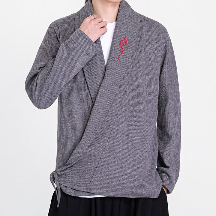 Buddha Stones Kimono da uomo casual autunno/inverno in stile Tang con ricami, tinta unita. - image 13