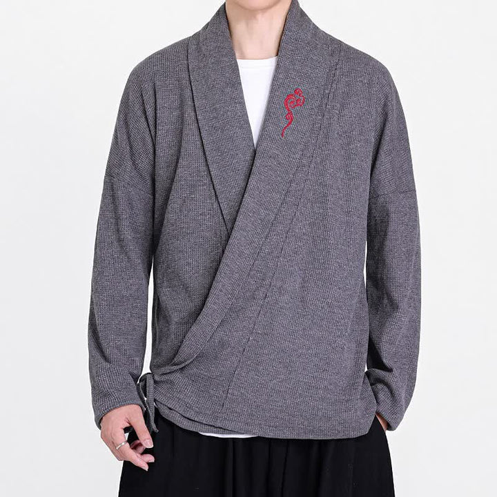 Buddha Stones Kimono da uomo casual autunno/inverno in stile Tang con ricami, tinta unita. - image 12