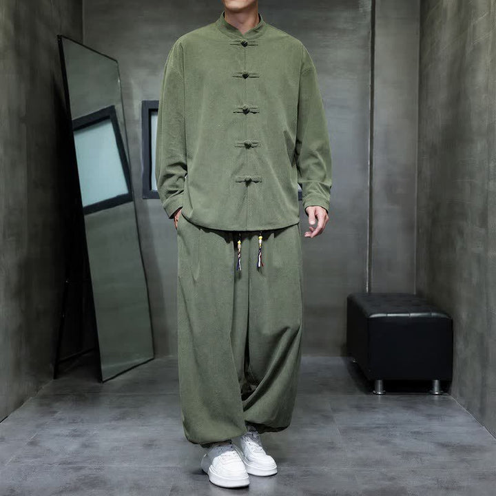 Buddha Stones Abito da meditazione da uomo in tinta unita stile Tang, casual, con bottoni a rana, per autunno/inverno, con tasca. - Verde oliva - US/UK/AU46, EU56 (5XL) - image 13