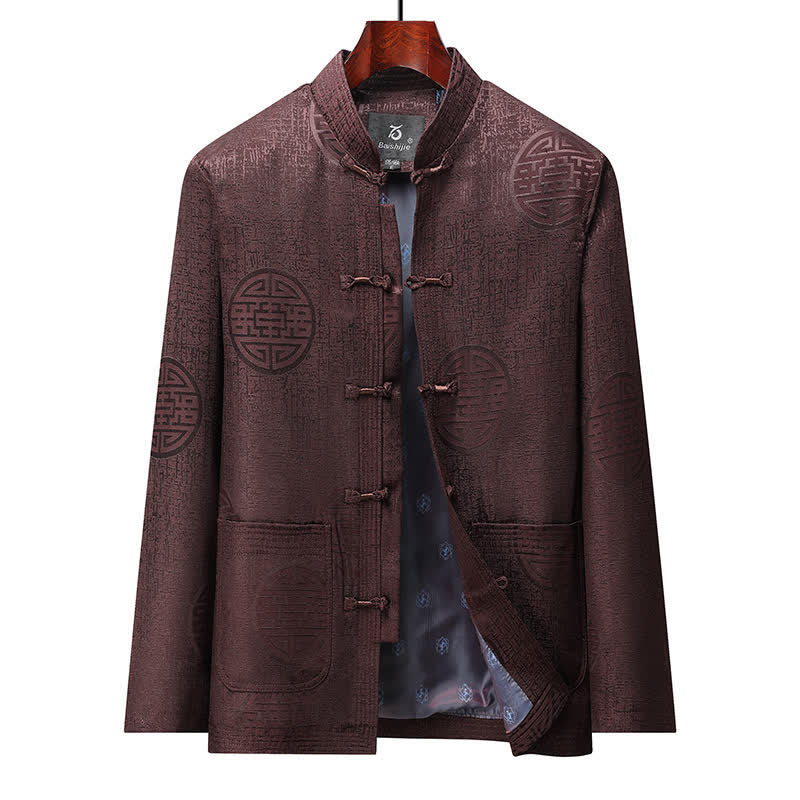 Buddha Stones Giacca da uomo autunno/inverno in stile vintage Tang con bottoni a rana e motivo geometrico, con tasca. - Marrone - US/UK/AU44, EU54 (4XL) - image 13
