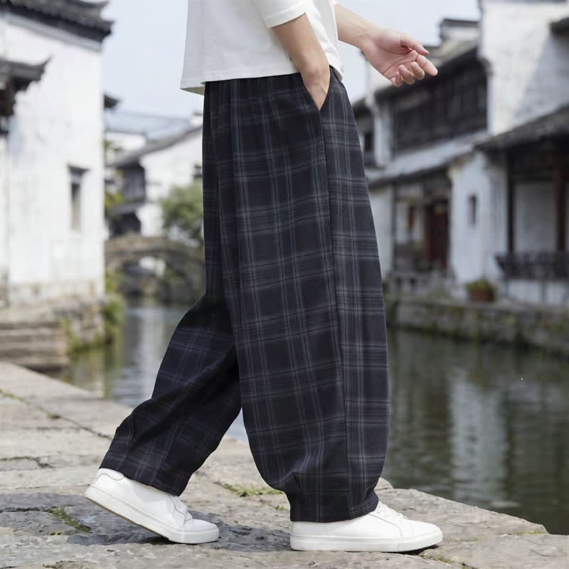 Buddha Stones Pantaloni da uomo a quadri con coulisse, casual, vintage, per autunno/inverno, modello harem con tasca. - image 9