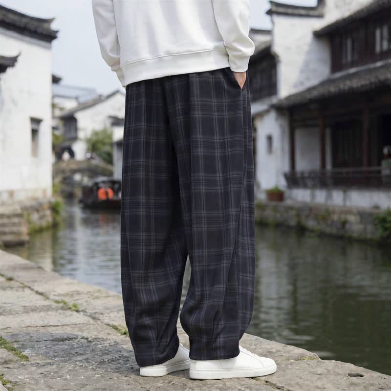 Buddha Stones Pantaloni da uomo a quadri con coulisse, casual, vintage, per autunno/inverno, modello harem con tasca. - image 7