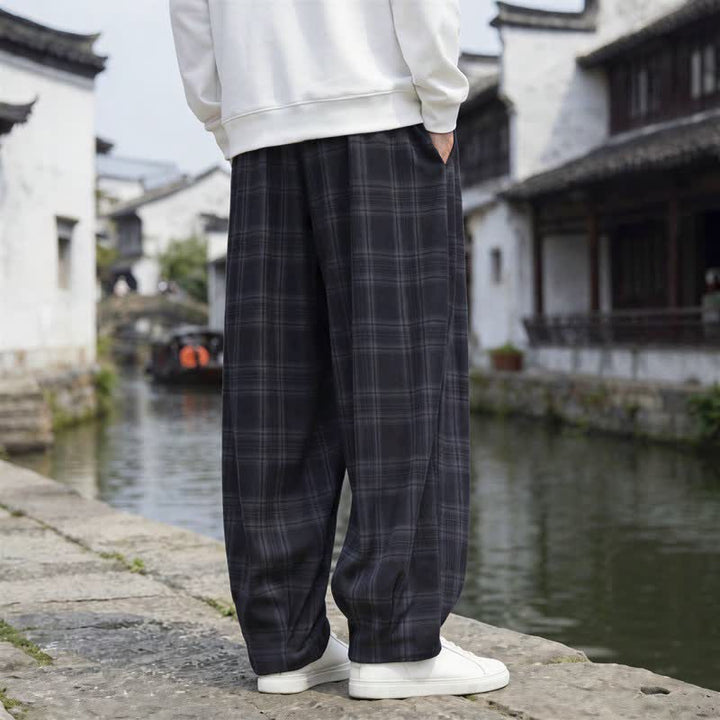 Buddha Stones Pantaloni da uomo a quadri con coulisse, casual, vintage, per autunno/inverno, modello harem con tasca. - image 7