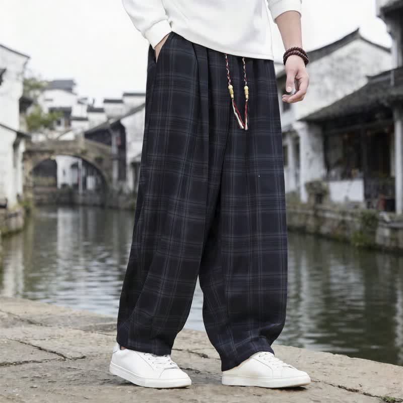 Buddha Stones Pantaloni da uomo a quadri con coulisse, casual, vintage, per autunno/inverno, modello harem con tasca. - image 6
