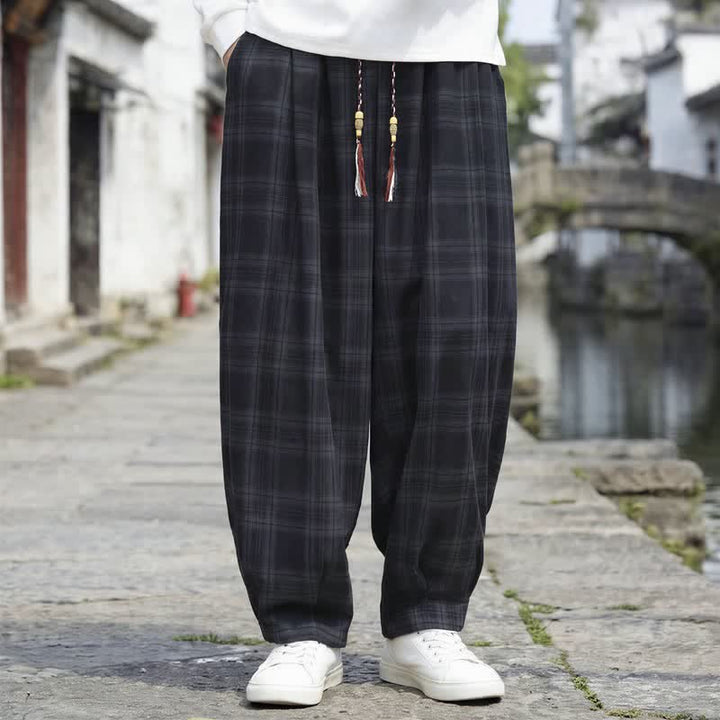 Buddha Stones Pantaloni da uomo a quadri con coulisse, casual, vintage, per autunno/inverno, modello harem con tasca. - Nero - US/UK/AU48, EU58 (6XL) - image 5