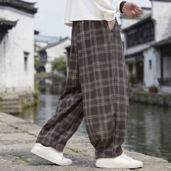 Buddha Stones Pantaloni da uomo a quadri con coulisse, casual, vintage, per autunno/inverno, modello harem con tasca. - image 4