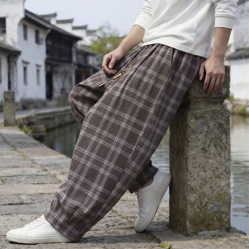 Buddha Stones Pantaloni da uomo a quadri con coulisse, casual, vintage, per autunno/inverno, modello harem con tasca. - image 3