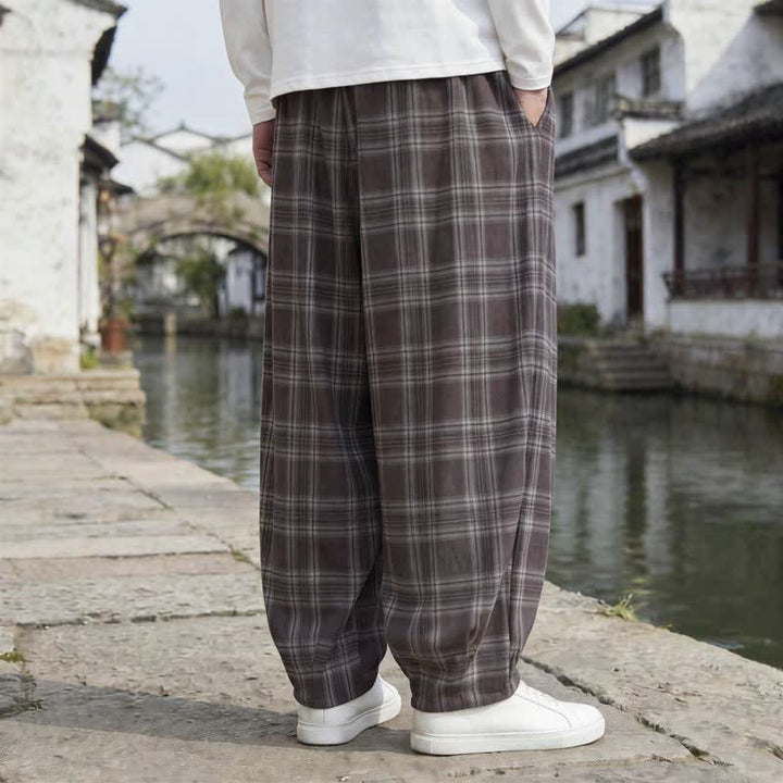Buddha Stones Pantaloni da uomo a quadri con coulisse, casual, vintage, per autunno/inverno, modello harem con tasca. - image 2
