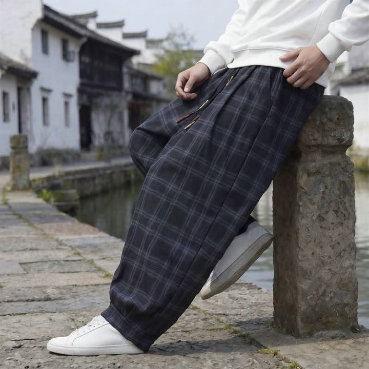 Buddha Stones Pantaloni da uomo a quadri con coulisse, casual, vintage, per autunno/inverno, modello harem con tasca. - image 8