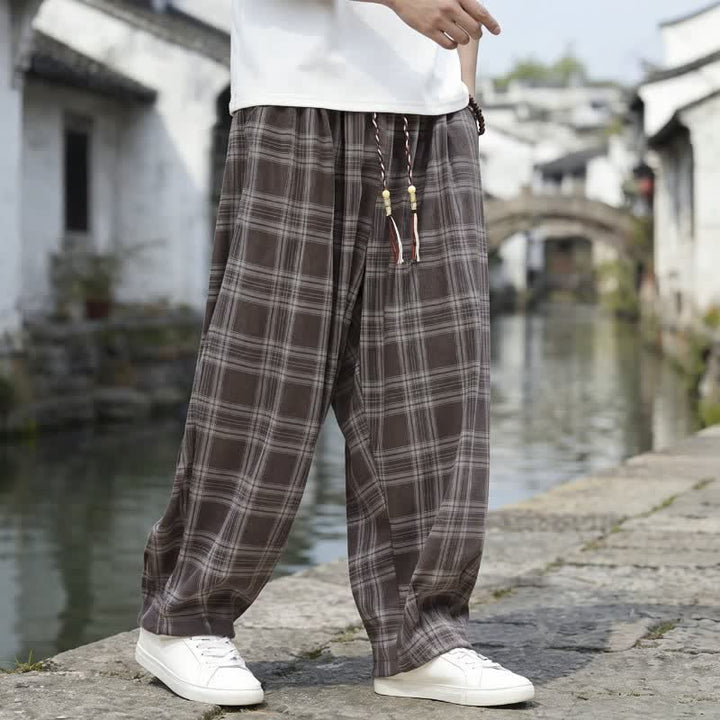 Buddha Stones Pantaloni da uomo a quadri con coulisse, casual, vintage, per autunno/inverno, modello harem con tasca. - image 1