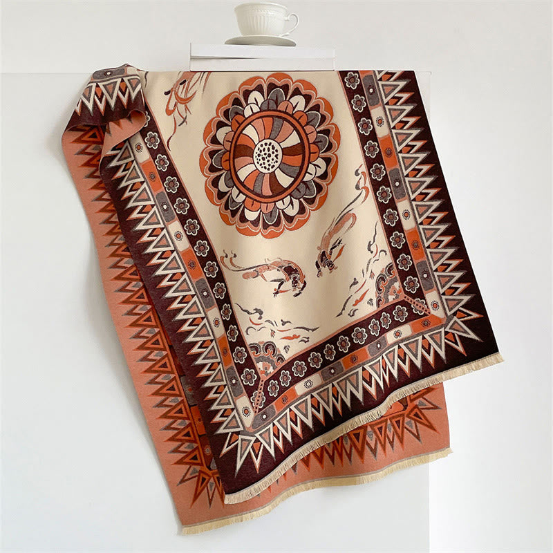 Buddha Stones Sciarpa boho con stampa mandala geometrica a bordo, motivo a nappine, per primavera/autunno. - image 1