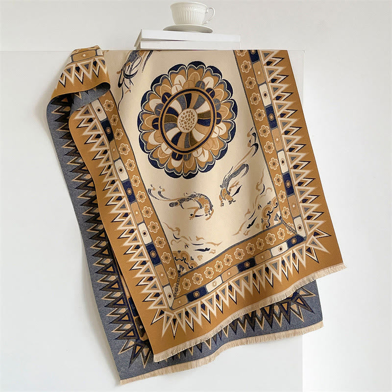 Buddha Stones Sciarpa boho con stampa mandala geometrica a bordo, motivo a nappine, per primavera/autunno. - Perù - 185*65 cm - image 4
