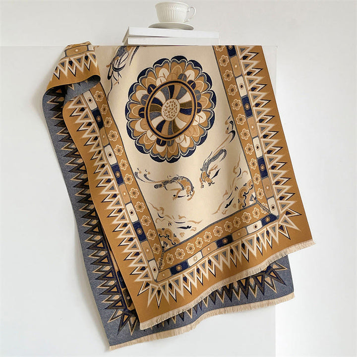 Buddha Stones Sciarpa boho con stampa mandala geometrica a bordo, motivo a nappine, per primavera/autunno. - Perù - 185*65 cm - image 4