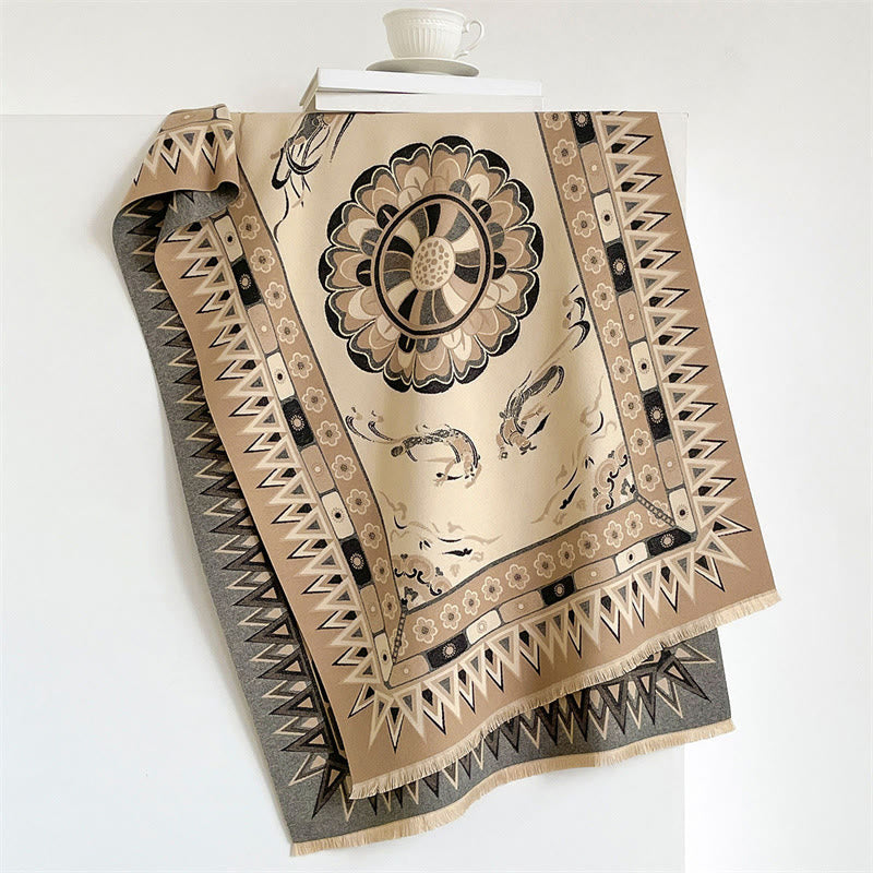 Buddha Stones Sciarpa boho con stampa mandala geometrica a bordo, motivo a nappine, per primavera/autunno. - Cachi - 185*65 cm - image 2