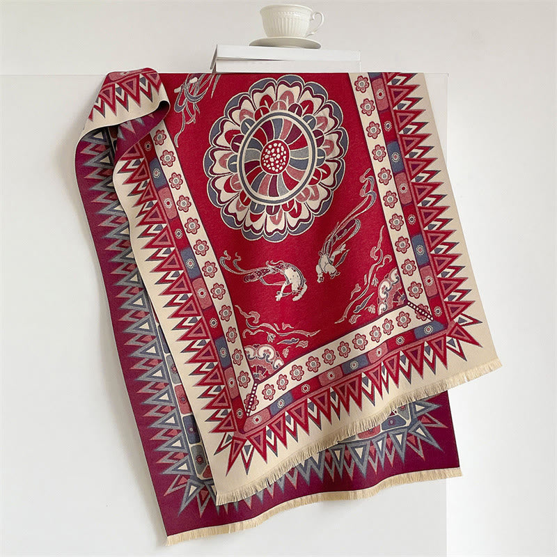Buddha Stones Sciarpa boho con stampa mandala geometrica a bordo, motivo a nappine, per primavera/autunno. - mattone refrattario - 185*65 cm - image 6