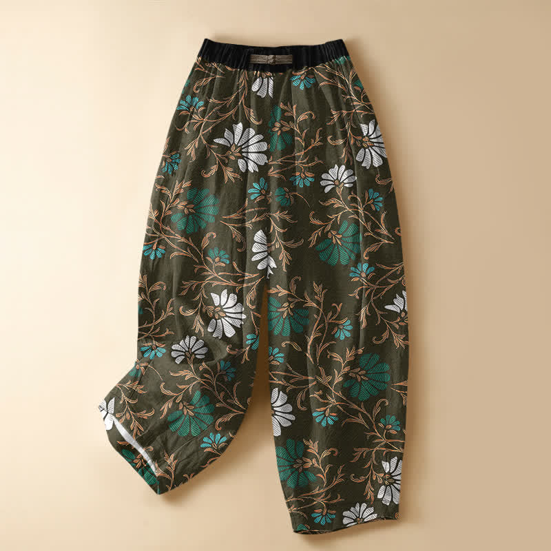 Buddha Stones Pantaloni harem da donna in puro cotone con motivo floreale botanico, bottoni a rana e vita elasticizzata, con tasche. - Verde oliva scuro - US16, UK/AU20, EU48 (3XL) - image 7