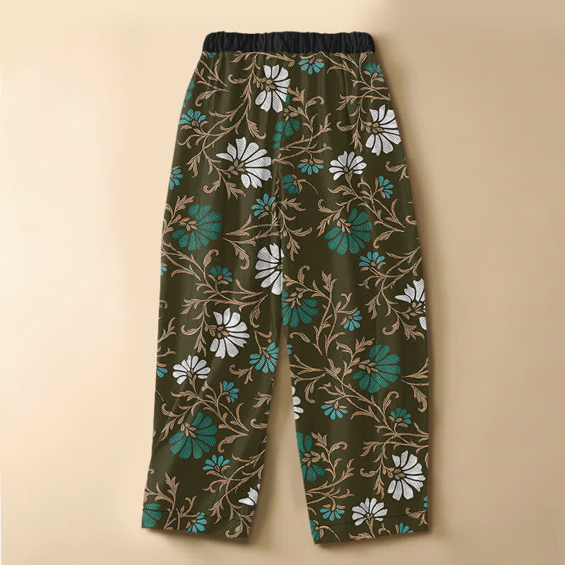 Buddha Stones Pantaloni harem da donna in puro cotone con motivo floreale botanico, bottoni a rana e vita elasticizzata, con tasche. - image 8