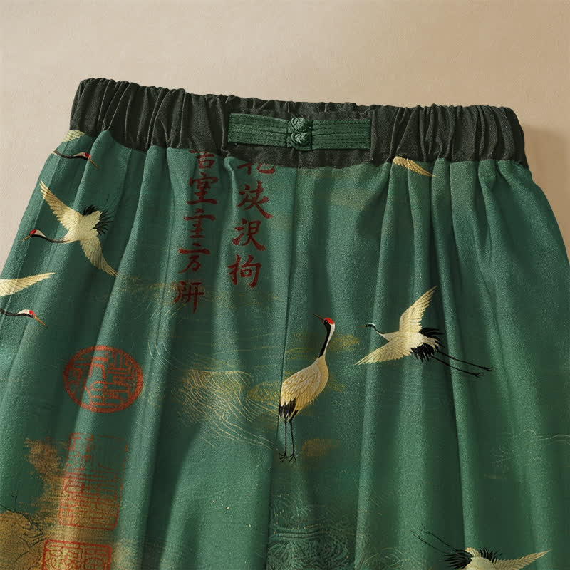 Buddha Stones Pantaloni harem da donna in puro cotone con motivo vintage a gru e calligrafia, bottoni a rana, elastico in vita e tasche. - image 2