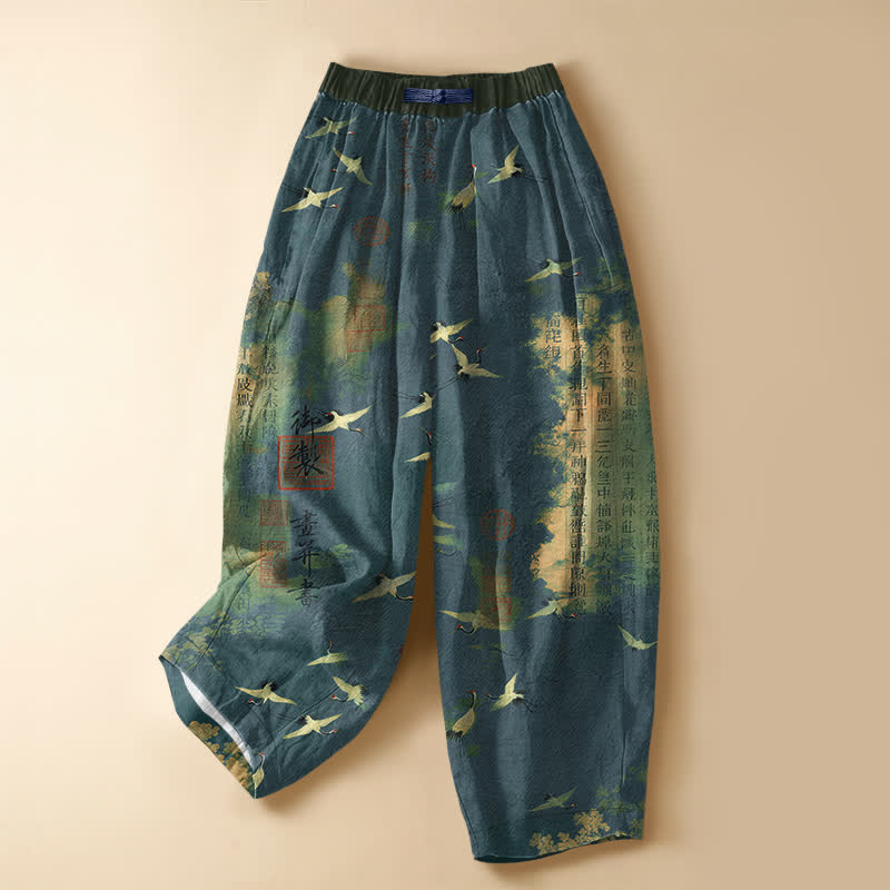 Buddha Stones Pantaloni harem da donna in puro cotone con motivo vintage a gru e calligrafia, bottoni a rana, elastico in vita e tasche. - Verde acqua - US16, UK/AU20, EU48 (3XL) - image 5