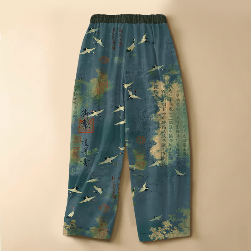 Buddha Stones Pantaloni harem da donna in puro cotone con motivo vintage a gru e calligrafia, bottoni a rana, elastico in vita e tasche. - image 6