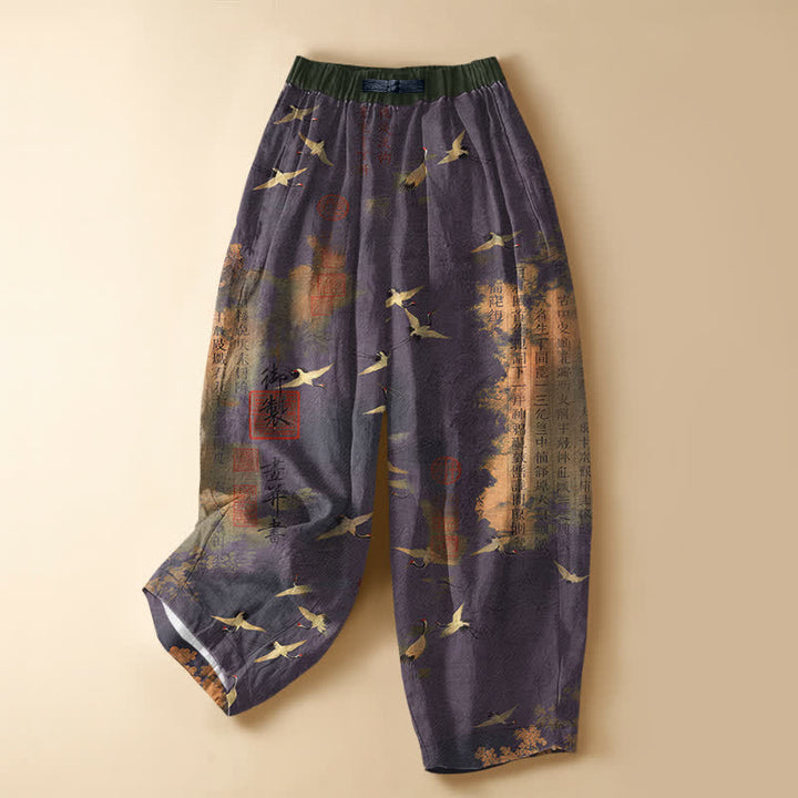 Buddha Stones Pantaloni harem da donna in puro cotone con motivo vintage a gru e calligrafia, bottoni a rana, elastico in vita e tasche. - Indaco - US16, UK/AU20, EU48 (3XL) - image 7