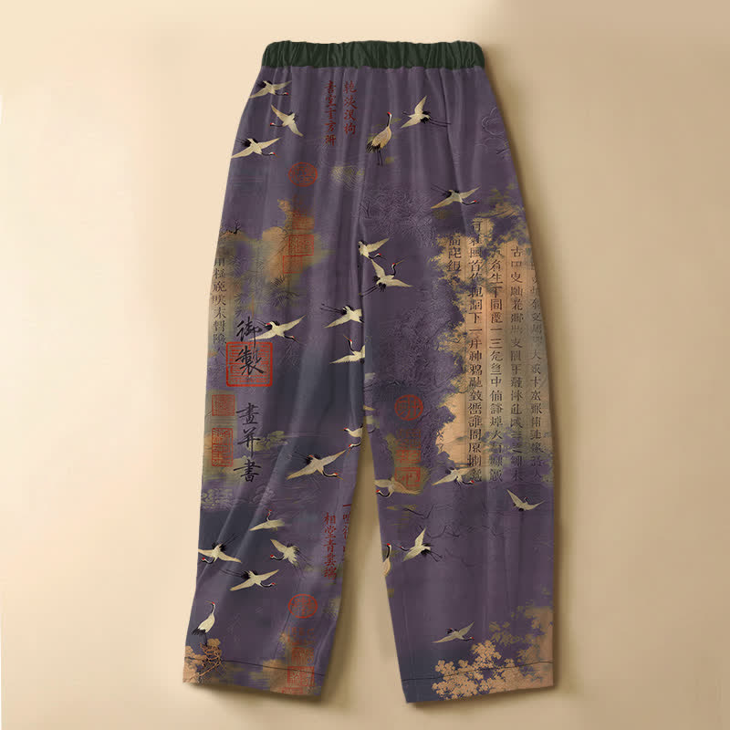 Buddha Stones Pantaloni harem da donna in puro cotone con motivo vintage a gru e calligrafia, bottoni a rana, elastico in vita e tasche. - image 8