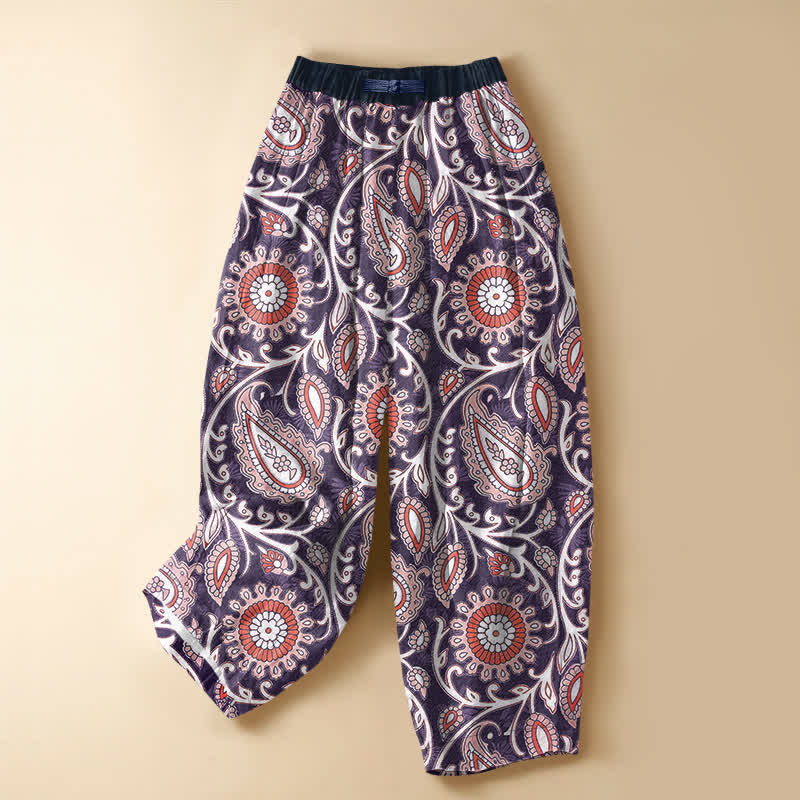 Buddha Stones Pantaloni harem da donna in puro cotone, stile bohémien, con motivo floreale paisley, bottoni a rana e vita elasticizzata, con tasche. - Viola - US16, UK/AU20, EU48 (3XL) - image 5