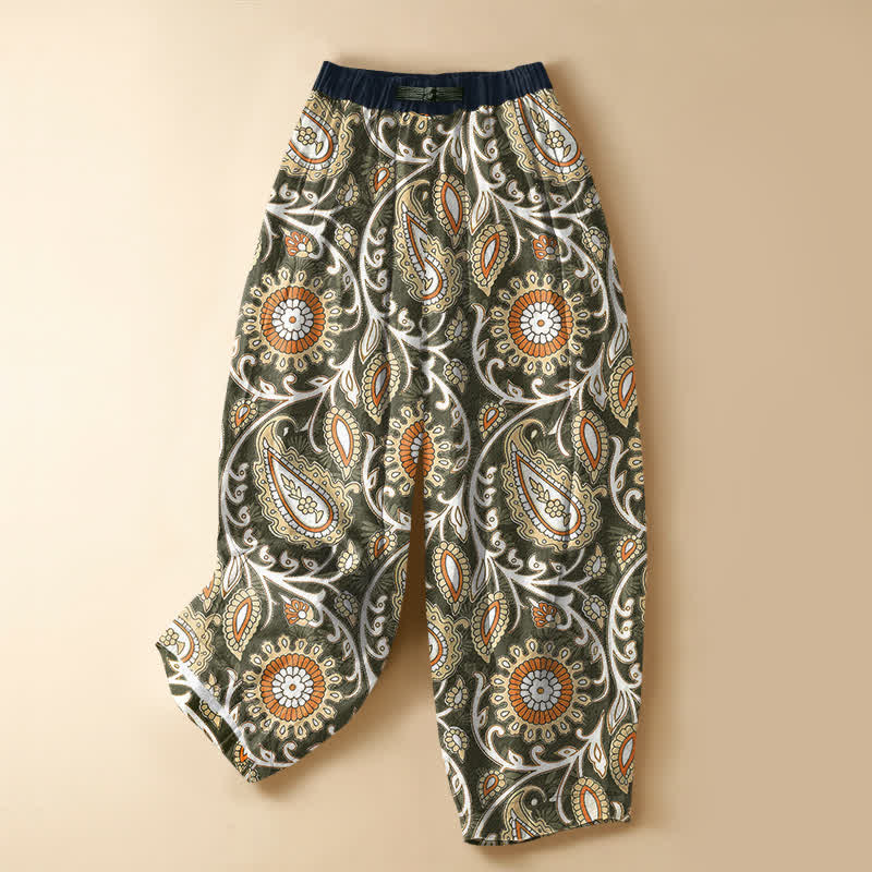 Buddha Stones Pantaloni harem da donna in puro cotone, stile bohémien, con motivo floreale paisley, bottoni a rana e vita elasticizzata, con tasche. - Verde oliva - US16, UK/AU20, EU48 (3XL) - image 7