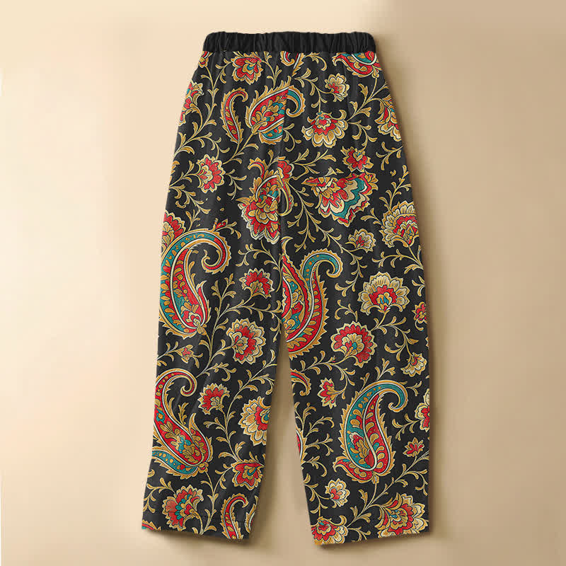 Buddha Stones Pantaloni harem da donna in puro cotone con motivo floreale retrò a volute, bottoni a rana e vita elasticizzata, con tasche. - image 1