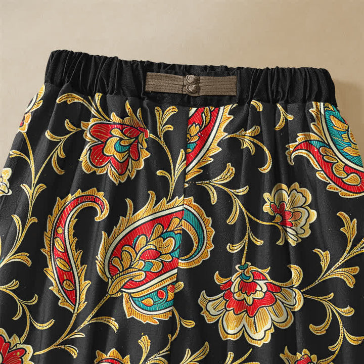 Buddha Stones Pantaloni harem da donna in puro cotone con motivo floreale retrò a volute, bottoni a rana e vita elasticizzata, con tasche. - image 2