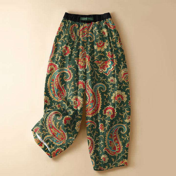 Buddha Stones Pantaloni harem da donna in puro cotone con motivo floreale retrò a volute, bottoni a rana e vita elasticizzata, con tasche. - Verde studentesco - US16, UK/AU20, EU48 (3XL) - image 5