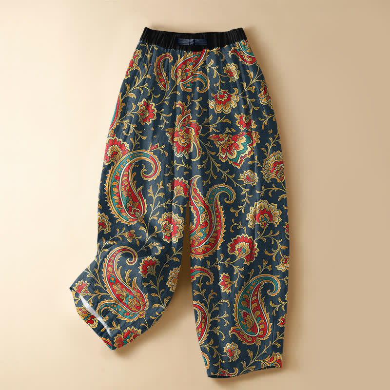 Buddha Stones Pantaloni harem da donna in puro cotone con motivo floreale retrò a volute, bottoni a rana e vita elasticizzata, con tasche. - Marina - US16, UK/AU20, EU48 (3XL) - image 7