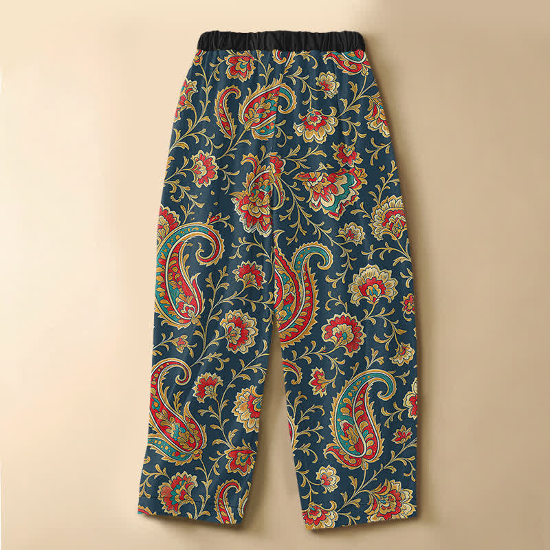 Buddha Stones Pantaloni harem da donna in puro cotone con motivo floreale retrò a volute, bottoni a rana e vita elasticizzata, con tasche. - image 8
