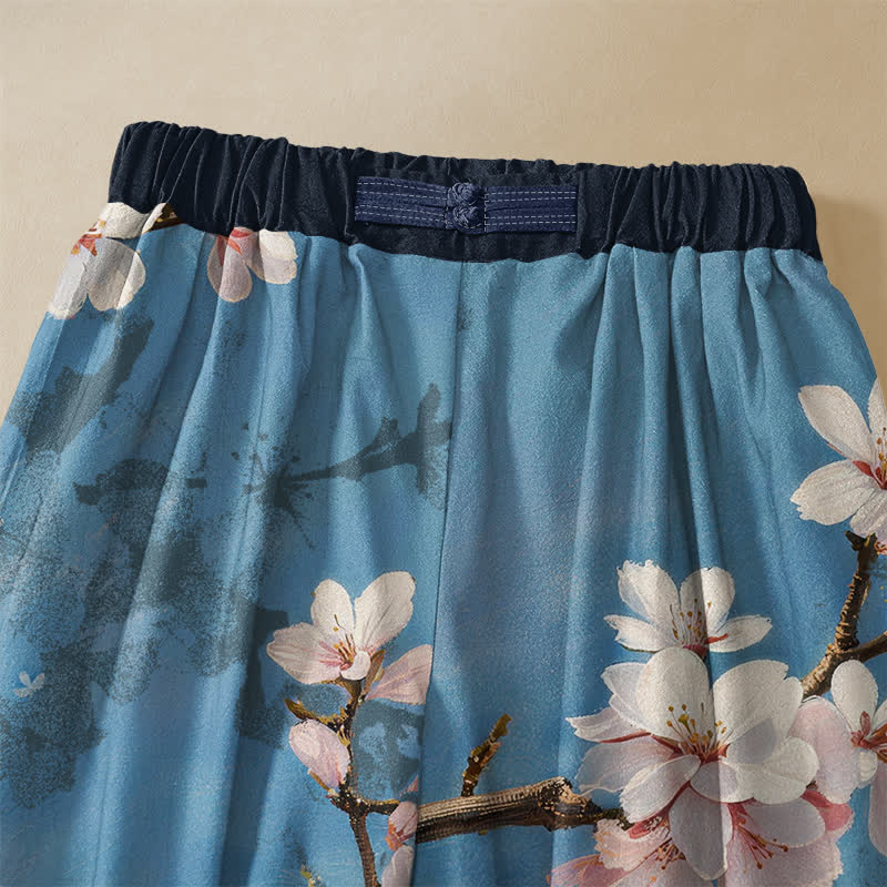 Buddha Stones Pantaloni harem da donna in puro cotone con motivo vintage a rami di ciliegio, bottoni a rana e vita elasticizzata, con tasche. - image 2