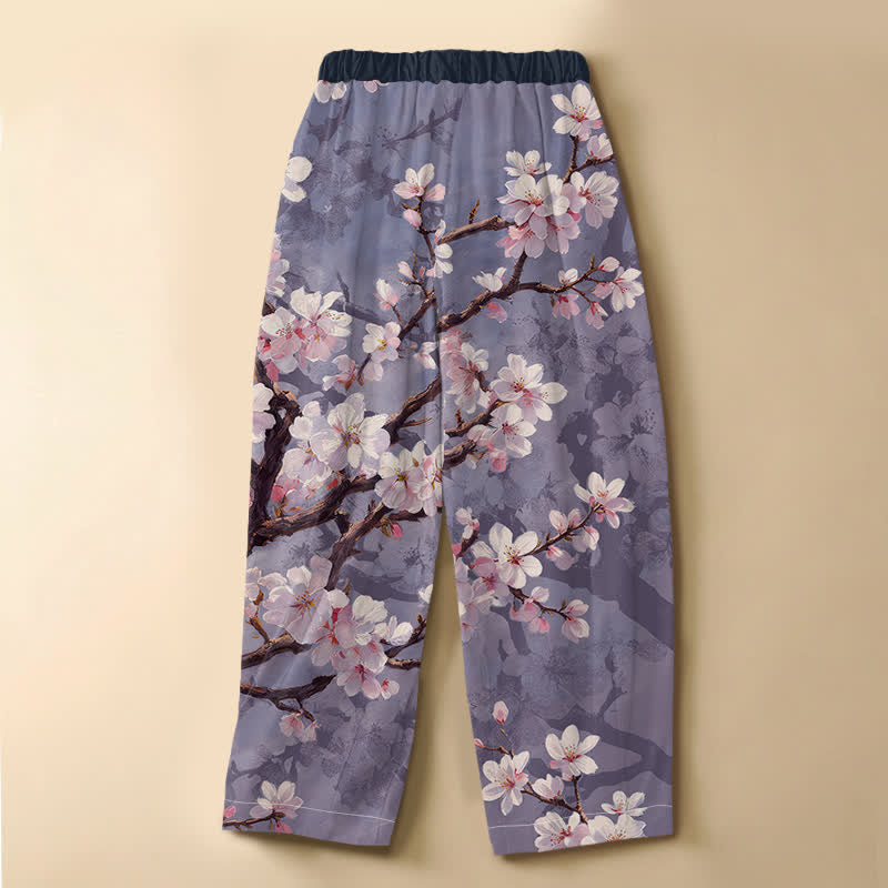 Buddha Stones Pantaloni harem da donna in puro cotone con motivo vintage a rami di ciliegio, bottoni a rana e vita elasticizzata, con tasche. - image 6