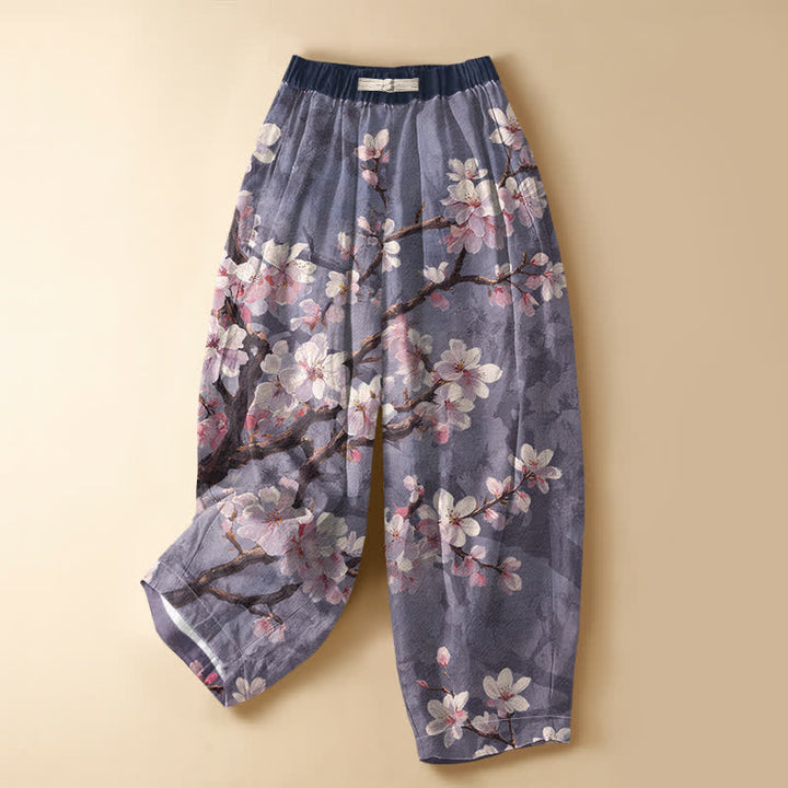 Buddha Stones Pantaloni harem da donna in puro cotone con motivo vintage a rami di ciliegio, bottoni a rana e vita elasticizzata, con tasche. - Viola medio - US16, UK/AU20, EU48 (3XL) - image 5