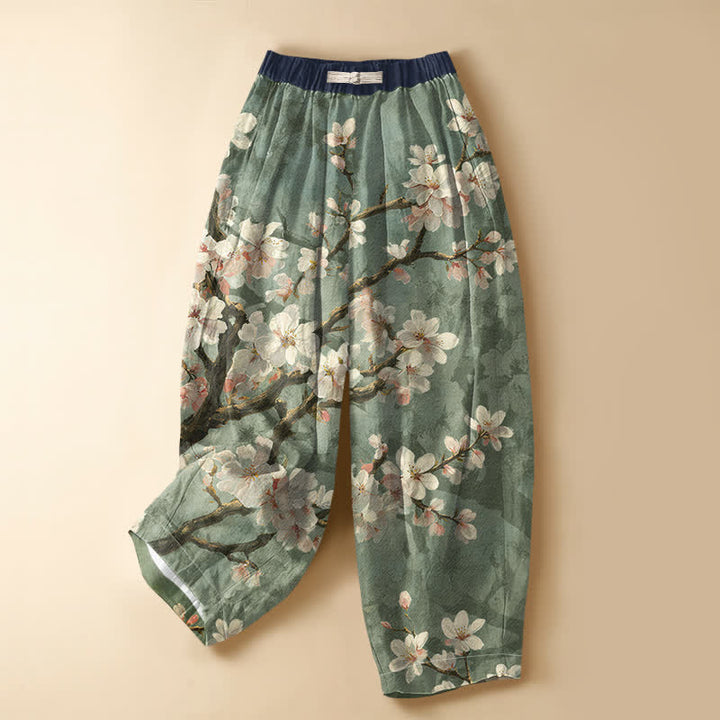 Buddha Stones Pantaloni harem da donna in puro cotone con motivo vintage a rami di ciliegio, bottoni a rana e vita elasticizzata, con tasche. - Verde chiaro - US16, UK/AU20, EU48 (3XL) - image 7