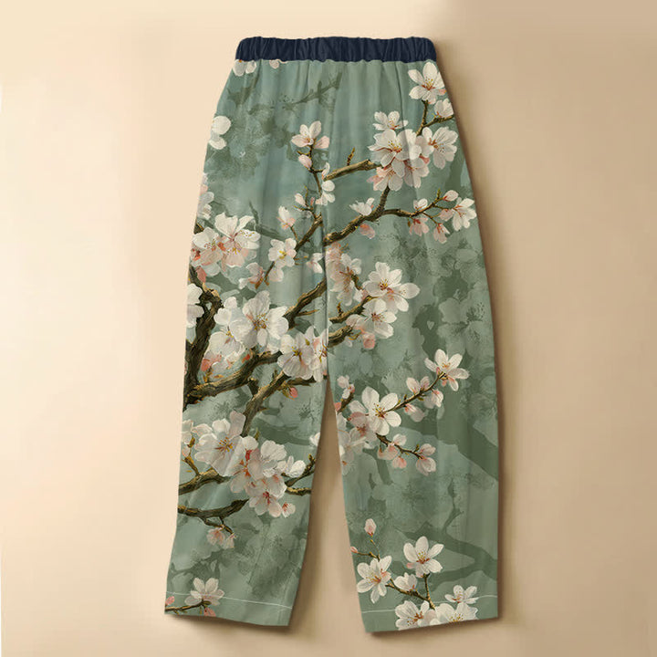 Buddha Stones Pantaloni harem da donna in puro cotone con motivo vintage a rami di ciliegio, bottoni a rana e vita elasticizzata, con tasche. - image 8