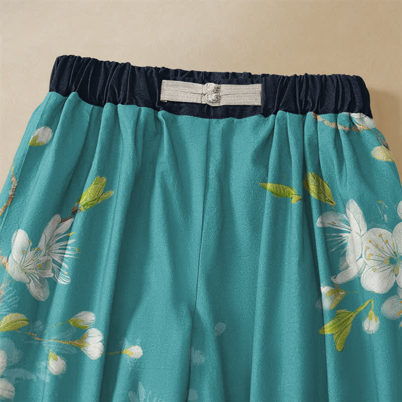 Buddha Stones Pantaloni harem da donna in puro cotone con motivo floreale vintage a rami, bottoni a rana e vita elasticizzata, con tasche. - image 2