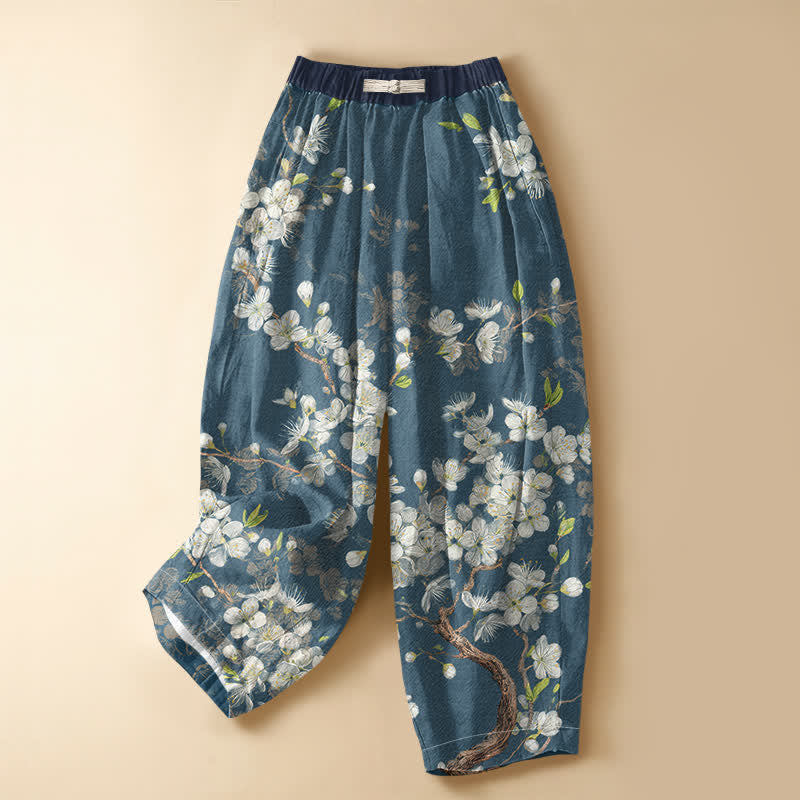 Buddha Stones Pantaloni harem da donna in puro cotone con motivo floreale vintage a rami, bottoni a rana e vita elasticizzata, con tasche. - SteelBlue - US16, UK/AU20, EU48 (3XL) - image 5