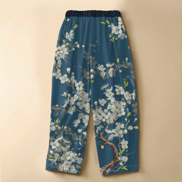 Buddha Stones Pantaloni harem da donna in puro cotone con motivo floreale vintage a rami, bottoni a rana e vita elasticizzata, con tasche. - image 6