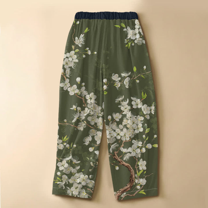 Buddha Stones Pantaloni harem da donna in puro cotone con motivo floreale vintage a rami, bottoni a rana e vita elasticizzata, con tasche. - image 8