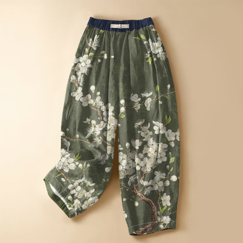 Buddha Stones Pantaloni harem da donna in puro cotone con motivo floreale vintage a rami, bottoni a rana e vita elasticizzata, con tasche. - Verde oliva scuro - US16, UK/AU20, EU48 (3XL) - image 7