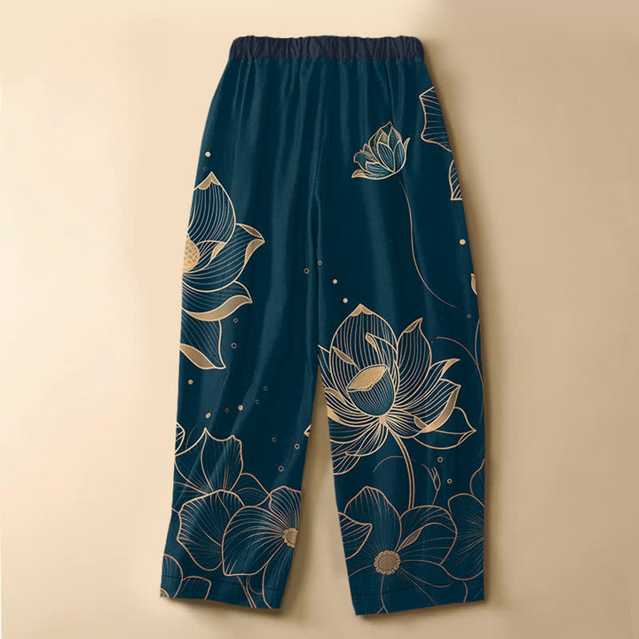 Buddha Stones Pantaloni harem da donna in puro cotone con motivo a fiori di loto, bottoni a rana, elastico in vita e tasche. - image 1