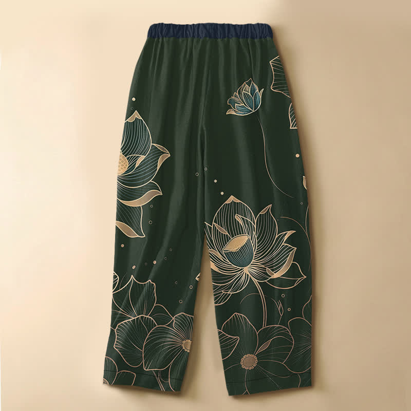 Buddha Stones Pantaloni harem da donna in puro cotone con motivo a fiori di loto, bottoni a rana, elastico in vita e tasche. - image 6