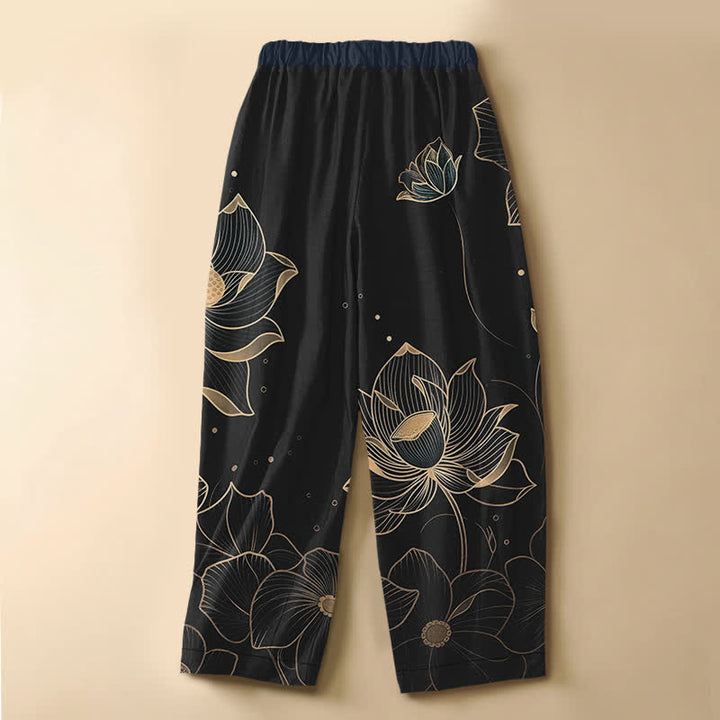 Buddha Stones Pantaloni harem da donna in puro cotone con motivo a fiori di loto, bottoni a rana, elastico in vita e tasche. - image 8