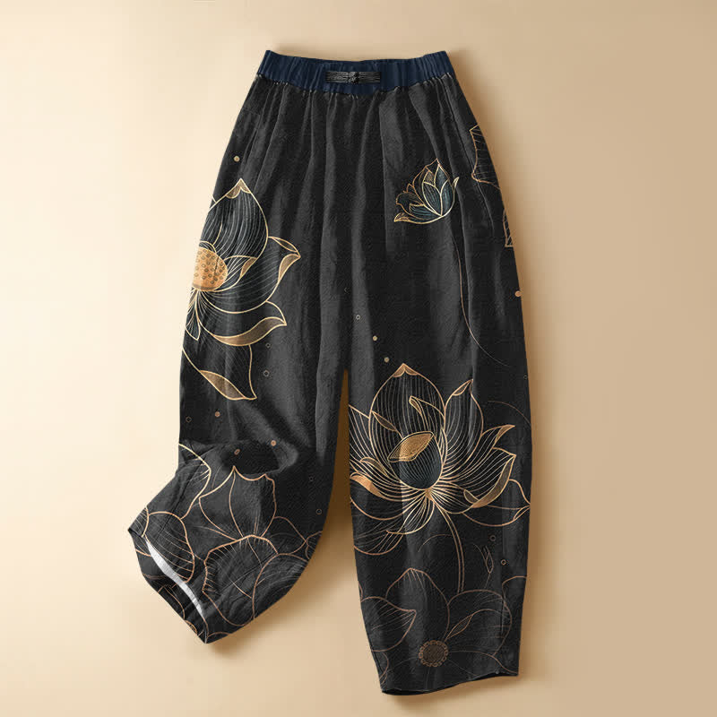 Buddha Stones Pantaloni harem da donna in puro cotone con motivo a fiori di loto, bottoni a rana, elastico in vita e tasche. - Nero - US16, UK/AU20, EU48 (3XL) - image 7